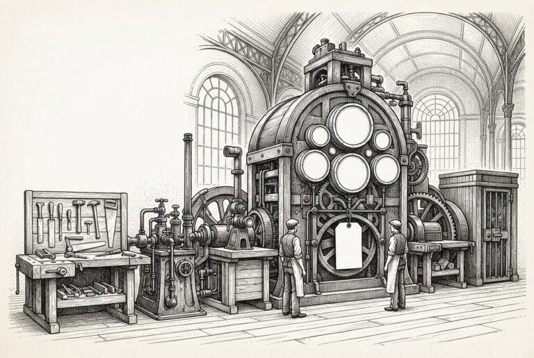An engraved illustration of one enormous unified machine that has absorbed a carpenter's bench, a pump station, a periscope station and a locked gate post into its flanks, with two small aproned attendants inspecting its output while its round gauges and the hanging price tag read completely blank.