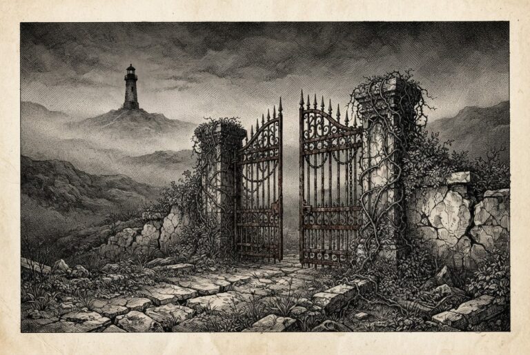 A conceptual pen-and-ink engraving of a dark, silent regulatory landscape where two massive iron gates representing AI agent architectures stand closed and silent in the fog, with deep cracks in their foundations and thorny vines climbing the pillars. A distant, unlit beacon on a hill represents the federal regulatory void.