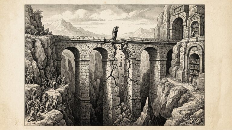 A massive stone bridge spanning a deep chasm between two cliff faces with visible cracks in its support pillars - the critical data access layer compromised, agents and databases left exposed through structural failure
