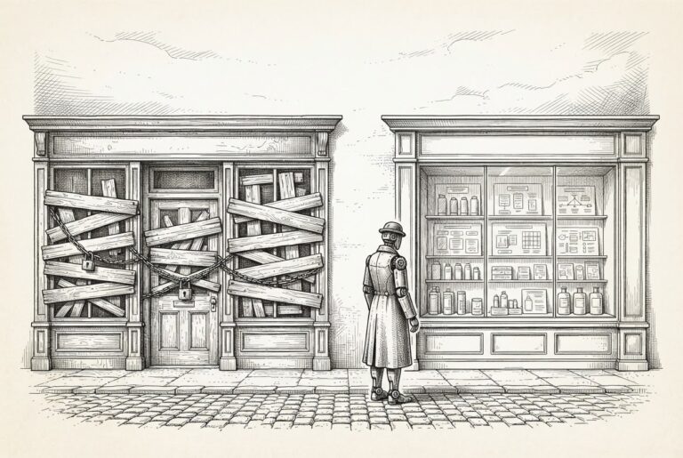 Monochrome pen-and-ink engraving of two adjacent merchant storefronts on a cobblestone street - the left shop's windows and door boarded shut with planks and chains, the right shop's display window open with structured product labels visible through the glass. A faceless mechanical figure stands between them, turned toward the open shop.