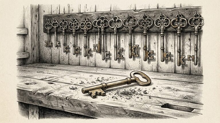 A single freshly-cut skeleton key lies on a workbench beside a row of ornate, heavily decorated keys hanging unused on a rack, representing DeepSeek's low-cost search API undercutting every established competitor.