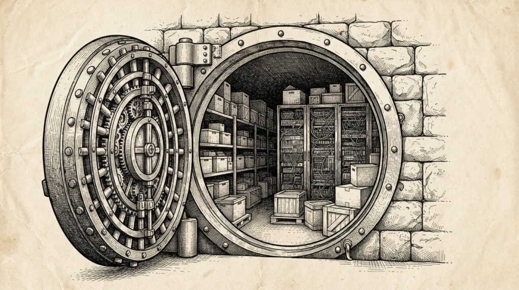 Pen-and-ink engraving of a massive vault door standing open in a stone wall, revealing unprotected storage racks and containers inside - the trust-through-defaults pattern at the container storage layer
