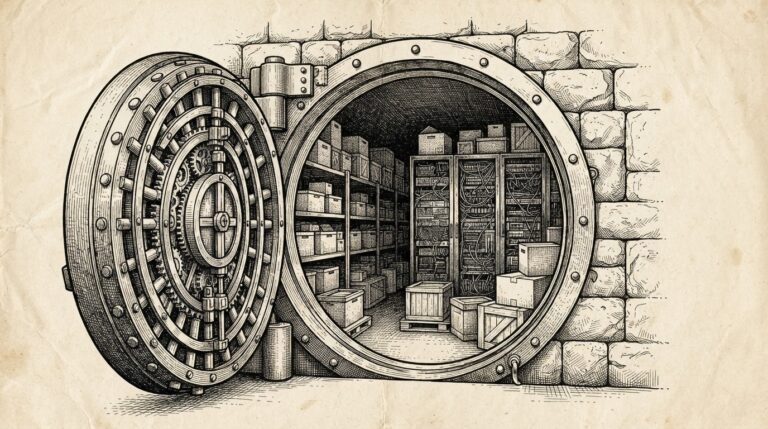 Pen-and-ink engraving of a massive vault door standing open in a stone wall, revealing unprotected storage racks and containers inside - the trust-through-defaults pattern at the container storage layer