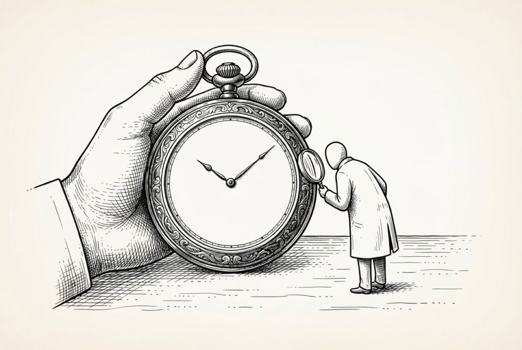 A hand holds an ornate pocket watch whose engraved face has hands but no numerals; a small figure with a magnifying glass examines the blank dial.