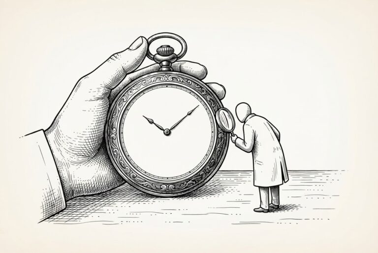 A hand holds an ornate pocket watch whose engraved face has hands but no numerals; a small figure with a magnifying glass examines the blank dial.