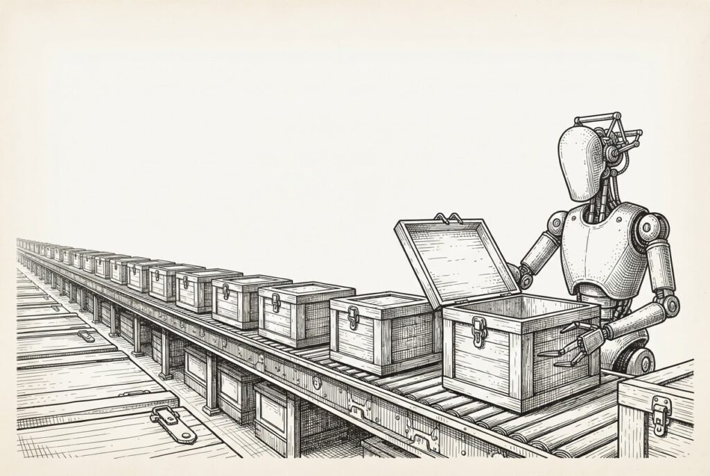 A vast industrial assembly line produces sealed wooden crates on a conveyor belt. At the end of the line, a single faceless figure holds one crate open, revealing it to be empty inside.