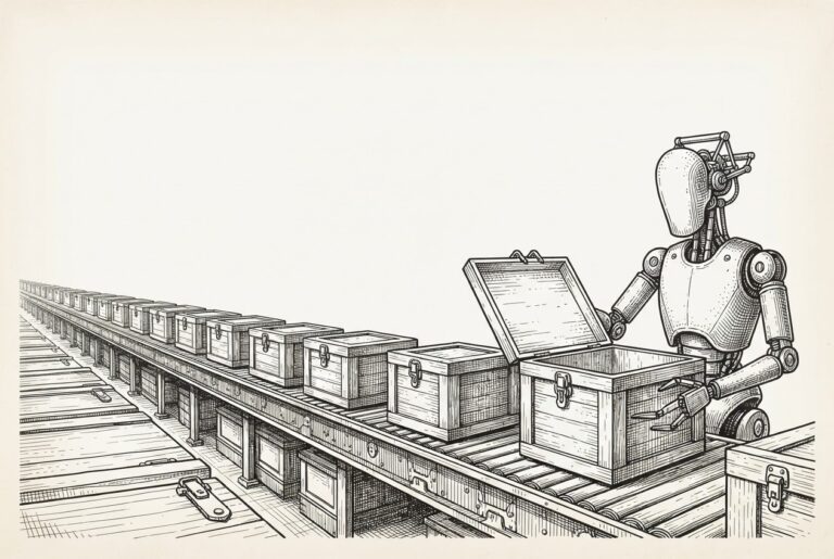 A vast industrial assembly line produces sealed wooden crates on a conveyor belt. At the end of the line, a single faceless figure holds one crate open, revealing it to be empty inside.
