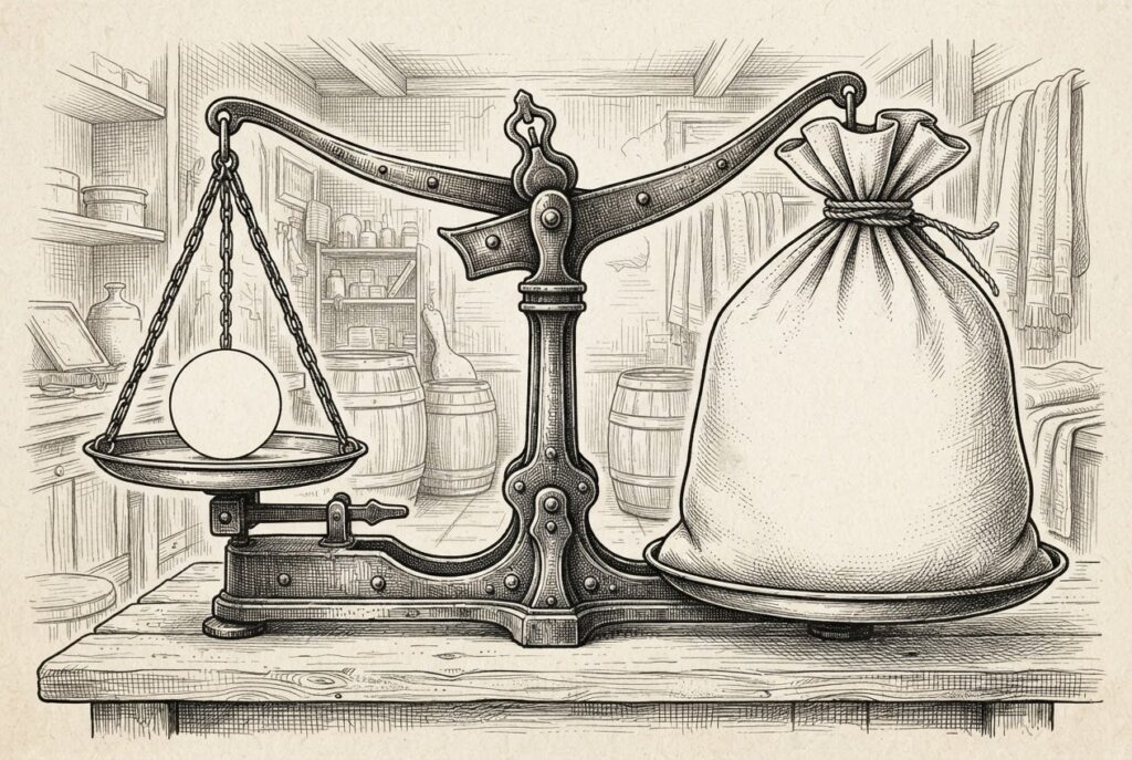 A hand-drawn editorial engraving of an ornate merchant's balance scale with one small smooth blank disc on one pan and an enormous unmarked sack dragging the other pan down.