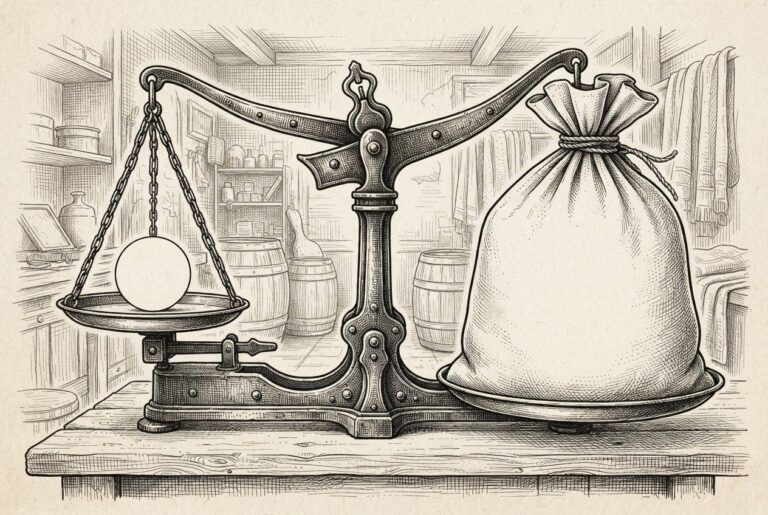 A hand-drawn editorial engraving of an ornate merchant's balance scale with one small smooth blank disc on one pan and an enormous unmarked sack dragging the other pan down.