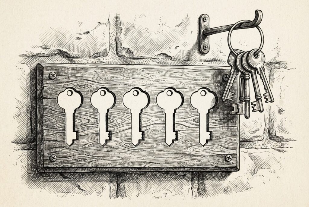 Pen-and-ink engraving of a wooden access board with seven blank key silhouettes set in a row across its face, a ring of five real keys hanging from a hook on the wall above.