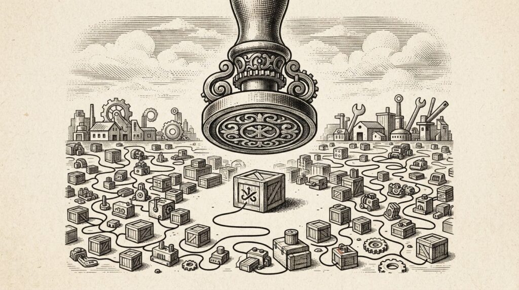 Hand-drawn engraving of a giant ornate seal press stamping an impression onto a miniature landscape of unlabeled crates and machines, with the seal's ink flowing in an unbroken line from a single labeled crate across all the surrounding goods.