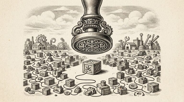 Hand-drawn engraving of a giant ornate seal press stamping an impression onto a miniature landscape of unlabeled crates and machines, with the seal's ink flowing in an unbroken line from a single labeled crate across all the surrounding goods.
