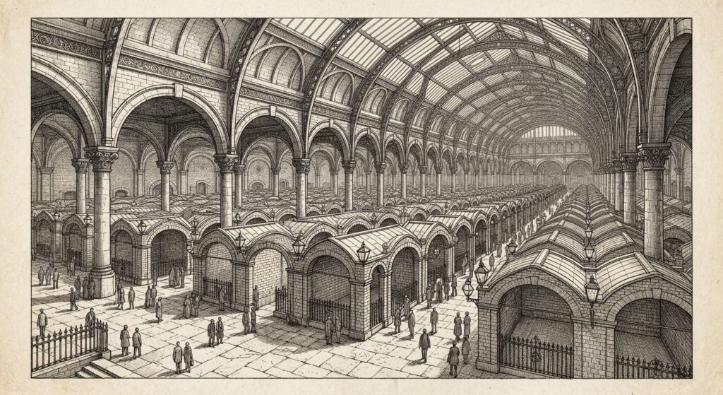 A Victorian market hall with identical workshops representing agent runtime commoditized