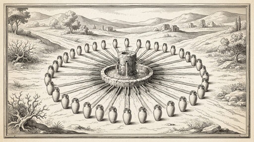 A single ancient spring with identical clay vessels arranged in a circle around it, each filled by streams flowing outward - standardized commoditized products emerging from a single source