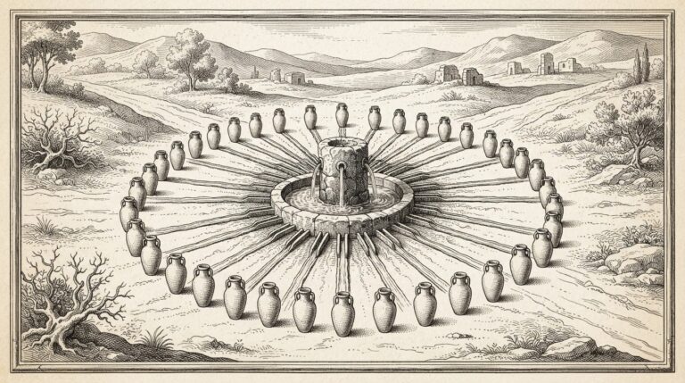 A single ancient spring with identical clay vessels arranged in a circle around it, each filled by streams flowing outward - standardized commoditized products emerging from a single source