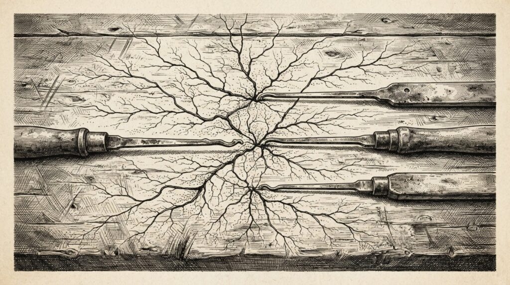 Pen-and-ink engraving of three antique lockpicking tools on a weathered workbench, with branching cracks spreading from each tool tip across the wood surface like root systems