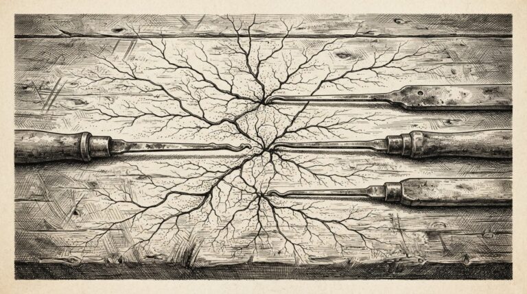 Pen-and-ink engraving of three antique lockpicking tools on a weathered workbench, with branching cracks spreading from each tool tip across the wood surface like root systems