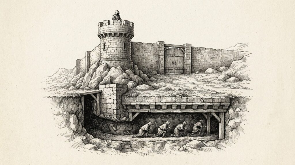 A sentry post with the gate intact but a tunnel running underneath — the watcher breached through infrastructure it was meant to protect. Monochrome pen-and-ink engraving.