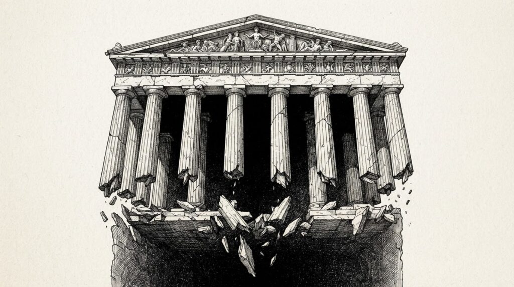 A classical stone temple pediment supported by massive columns whose lower sections are broken and shattered, hanging suspended in a dark empty void with no floor or ground beneath them - an allegory for infrastructure that lacks a base of trust.