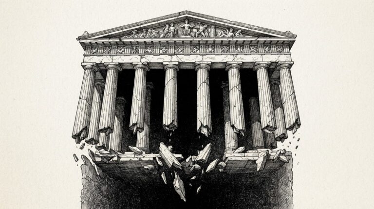 A classical stone temple pediment supported by massive columns whose lower sections are broken and shattered, hanging suspended in a dark empty void with no floor or ground beneath them - an allegory for infrastructure that lacks a base of trust.