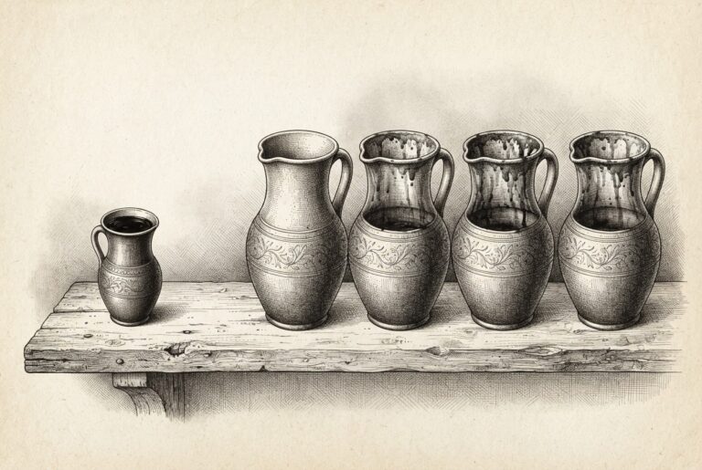 A hand-drawn pen-and-ink engraving of five vessels on a bare wooden shelf - a single small vessel on the left full to the brim with dark liquid, and four identical vessels of the same shape but four times larger on the right, each almost completely empty with only dark residue staining their interiors. The composition reads as a portrait of asymmetric value: precision versus excess, one full against four empty.