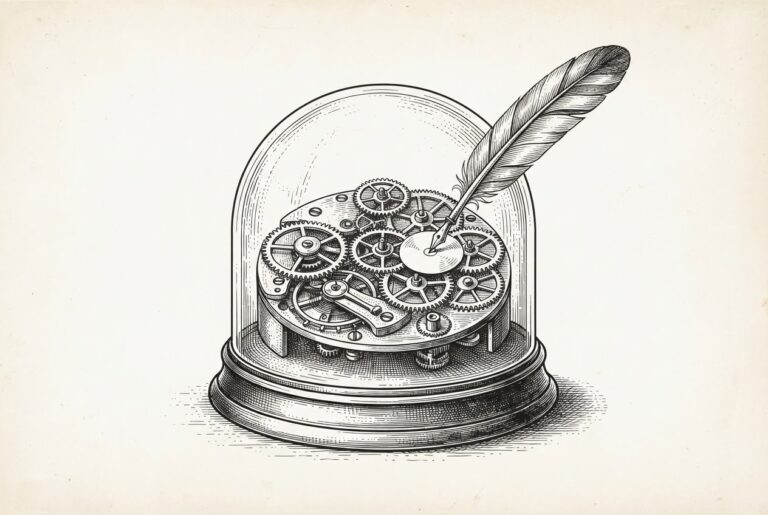 An intricate hand-drawn editorial engraving of a clockwork mechanism with 26 distinct gears visible under a glass dome, with a quill pen marking one gear as part of an audit trail.