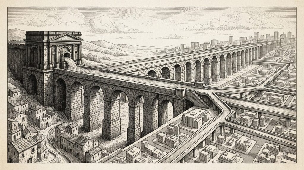 A massive ancient aqueduct spanning diagonally from a classical water reservoir on the left, carrying water through massive masonry arches across a valley. Toward the right, the raised waterway transitions into modern elevated highways above a rectilinear grid of buildings.