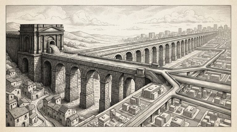 A massive ancient aqueduct spanning diagonally from a classical water reservoir on the left, carrying water through massive masonry arches across a valley. Toward the right, the raised waterway transitions into modern elevated highways above a rectilinear grid of buildings.