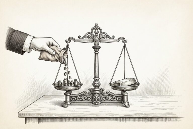 An engraved assay balance on a workbench; a sleeve cuff at the edge of the frame pours small standard weights from a pouch into one pan while the other pan holds a sealed bar, and no independent inspector is present anywhere in the scene.
