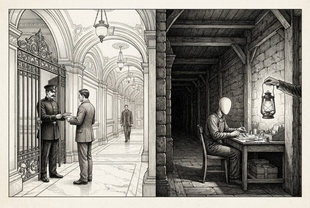 A split view of two parallel corridors in an ornate building: one brightly lit with a guard at an entrance (governed lane), the other dim with a faceless figure at a desk being illuminated by a lantern (worker-built lane).