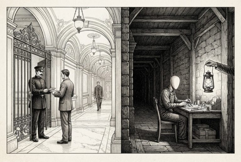 A split view of two parallel corridors in an ornate building: one brightly lit with a guard at an entrance (governed lane), the other dim with a faceless figure at a desk being illuminated by a lantern (worker-built lane).