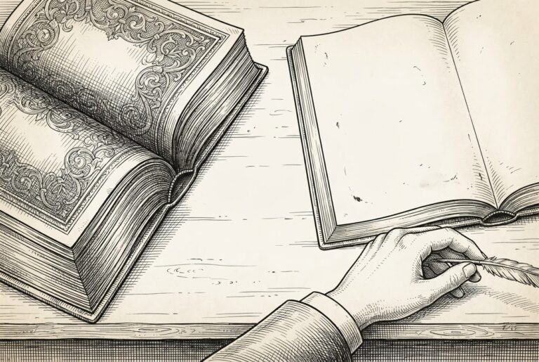 Two ornate antique account books lie open side by side on a desk: the left thick and densely ornamented with engraved patterns, the right thin and nearly blank, a hand with an idle quill resting near the empty pages, comparing fully recorded claims against barely written proof.