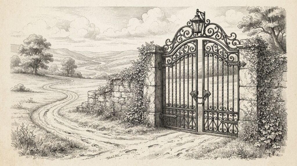 Engraving of a heavy ornate iron gate standing slightly ajar, with a well-worn dirt path leading around it through an open field instead of through the gate, representing the EU AI Act's compliance requirements and the non-retroactivity loophole.