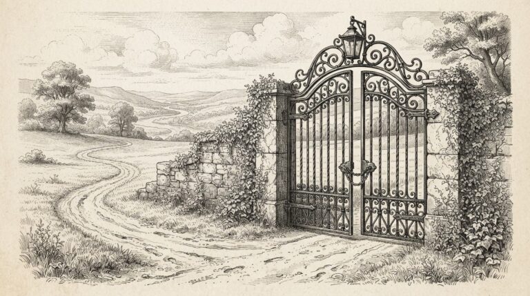 Engraving of a heavy ornate iron gate standing slightly ajar, with a well-worn dirt path leading around it through an open field instead of through the gate, representing the EU AI Act's compliance requirements and the non-retroactivity loophole.