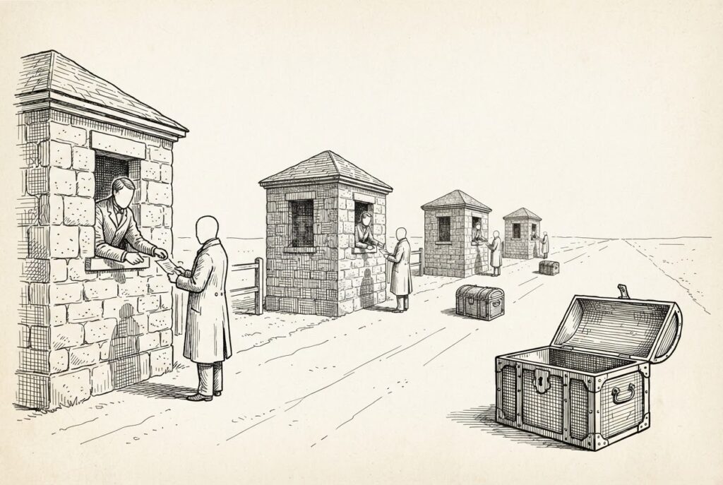 Engraved illustration of a row of staffed stone toll gates where gatekeepers stamp a traveler's papers while heavy unattended money chests sit unclaimed beside each gate.