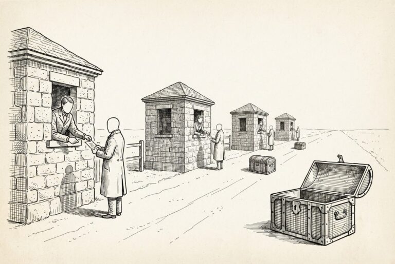 Engraved illustration of a row of staffed stone toll gates where gatekeepers stamp a traveler's papers while heavy unattended money chests sit unclaimed beside each gate.