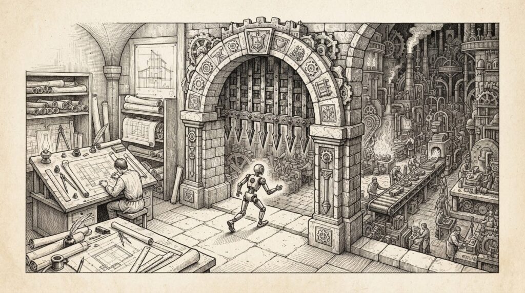 A fortified stone archway connecting a quiet planning room with blueprints and drafting tools on the left to a vast industrial execution floor with machinery on the right. A mechanical figure passes through the arch where a heavy iron portcullis gate controls the passage.