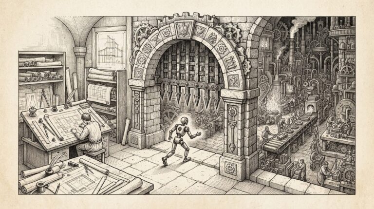 A fortified stone archway connecting a quiet planning room with blueprints and drafting tools on the left to a vast industrial execution floor with machinery on the right. A mechanical figure passes through the arch where a heavy iron portcullis gate controls the passage.