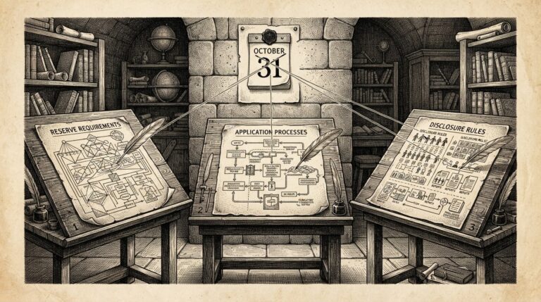 A pen-and-ink engraving of three separate wooden drafting tables arranged in a shallow arc, each with a different page being written by an invisible hand, with thin ink threads connecting the three pages toward a single calendar date on the wall behind them — three agencies writing implementation rules for the same statute converging toward one deadline
