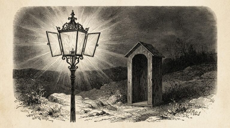 Pen-and-ink engraving of an ornate antique lantern post with its glass panels wide open, light blazing outward, while the guard post next to it sits empty with no keeper - a beacon that advertises presence without protection