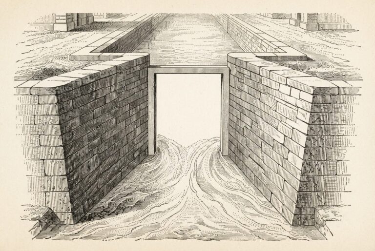 A cross-section diagram of a canal lock rendered as an antique scientific plate - two converging stone walls channel water toward a central point where the gate mechanism should be but the gate is architecturally missing