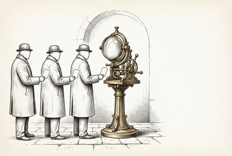A hand-drawn editorial engraving of three faceless figures presenting identical blank tokens to an ornate mechanical inspection device, symbolizing the processor layer's challenge in distinguishing which agent holds which authorization.