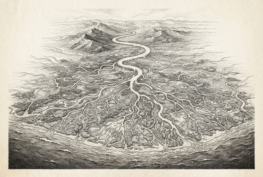 A river delta viewed from above where a single wide river splits into many smaller distributaries across a plain - one platform enabling many financial institutions