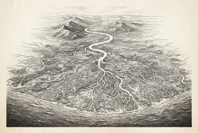A river delta viewed from above where a single wide river splits into many smaller distributaries across a plain - one platform enabling many financial institutions