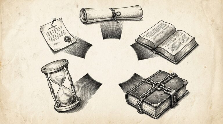 Engraving of five different regulatory instruments-a rolled scroll, an open rulebook, a chained statute volume, an hourglass, and a pinned advisory notice-arranged around a central empty space where a unified statute should sit, each casting a different shadow toward the bare center