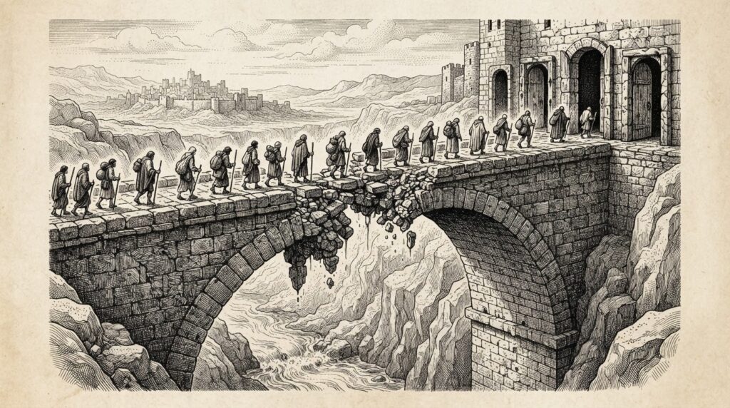 A crumbling stone bridge with open, unlocked doorways beyond it — allegory of legacy infrastructure still trusted by default after decades of neglect.