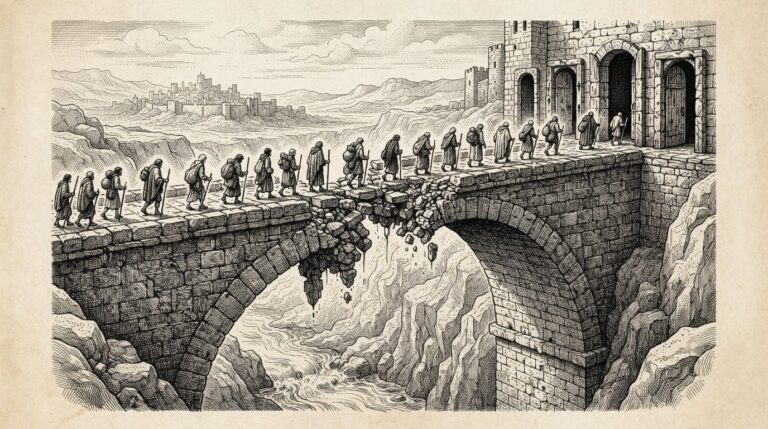 A crumbling stone bridge with open, unlocked doorways beyond it — allegory of legacy infrastructure still trusted by default after decades of neglect.