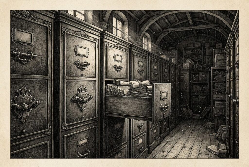 A monochrome engraving of a government records room with tall ornate filing cabinets, one drawer hanging open revealing documents inside - the threshold moment between secrecy and mandatory disclosure