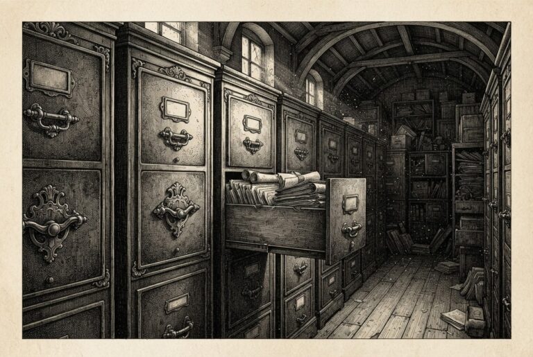 A monochrome engraving of a government records room with tall ornate filing cabinets, one drawer hanging open revealing documents inside - the threshold moment between secrecy and mandatory disclosure
