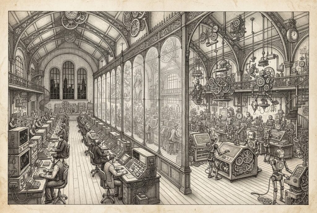 A monochrome engraving of a corporate building interior divided by a glass wall - one side with human supervisors at monitors, the other with autonomous mechanical figures operating alone - the liability separation architecture